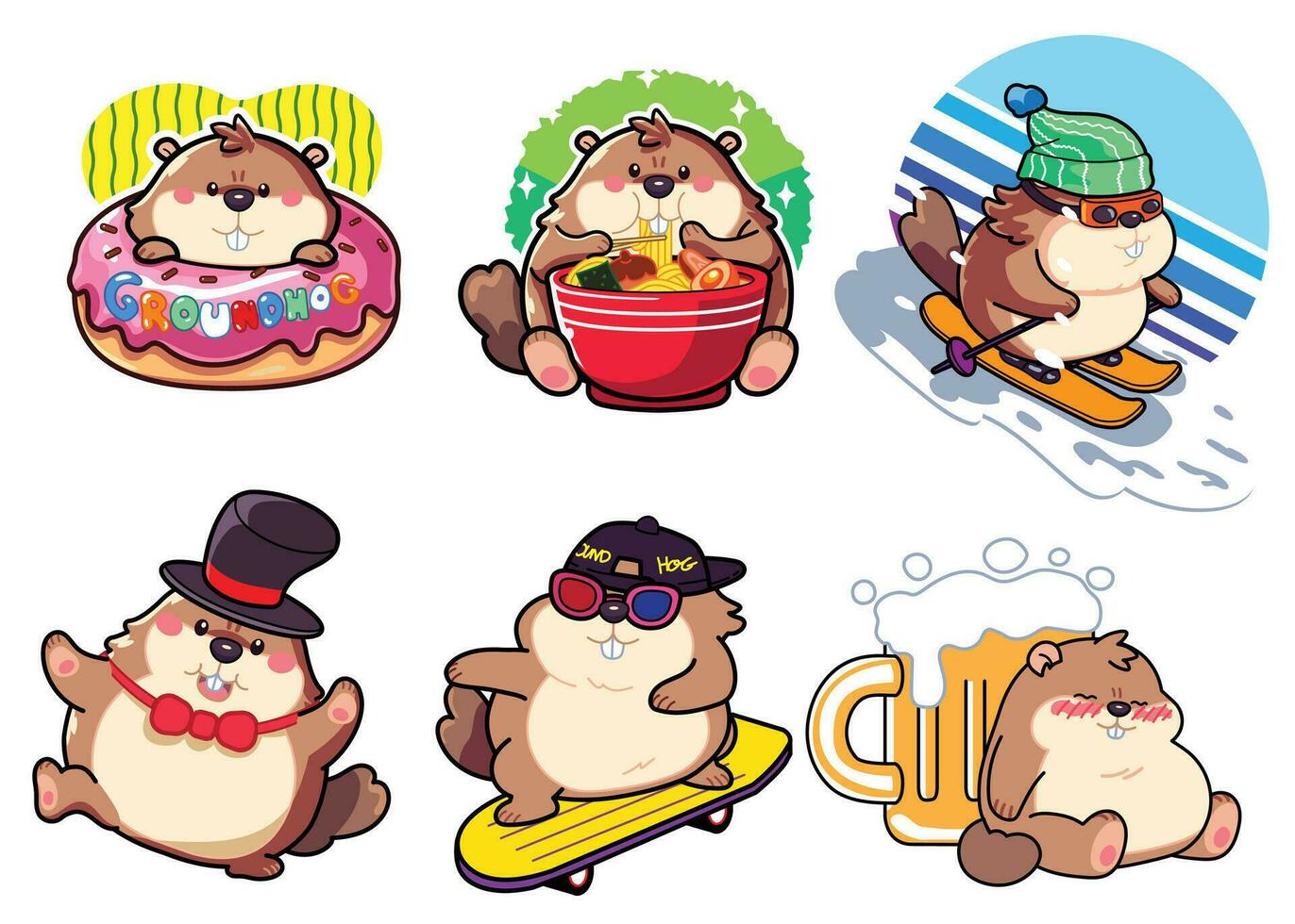 marmotta semi-cartone animato stile illustrazione attività multipla, mangiare ramen, sciare, skateboard, ciambella, per il concetto di marmotta giorno. vettore