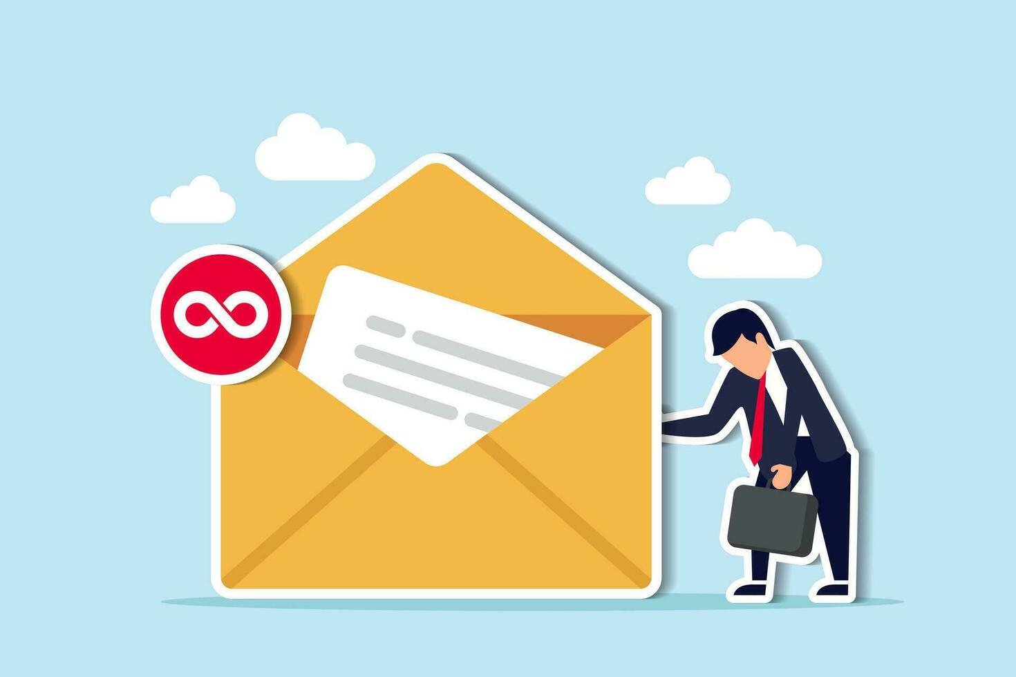 sovraccarico di e-mail occupato, comunicazione inefficiente, ansia, esausto o esaurimento da troppi messaggi concetto, uomo d'affari disperato disperato con la sua casella di posta con infinite e-mail non lette. vettore