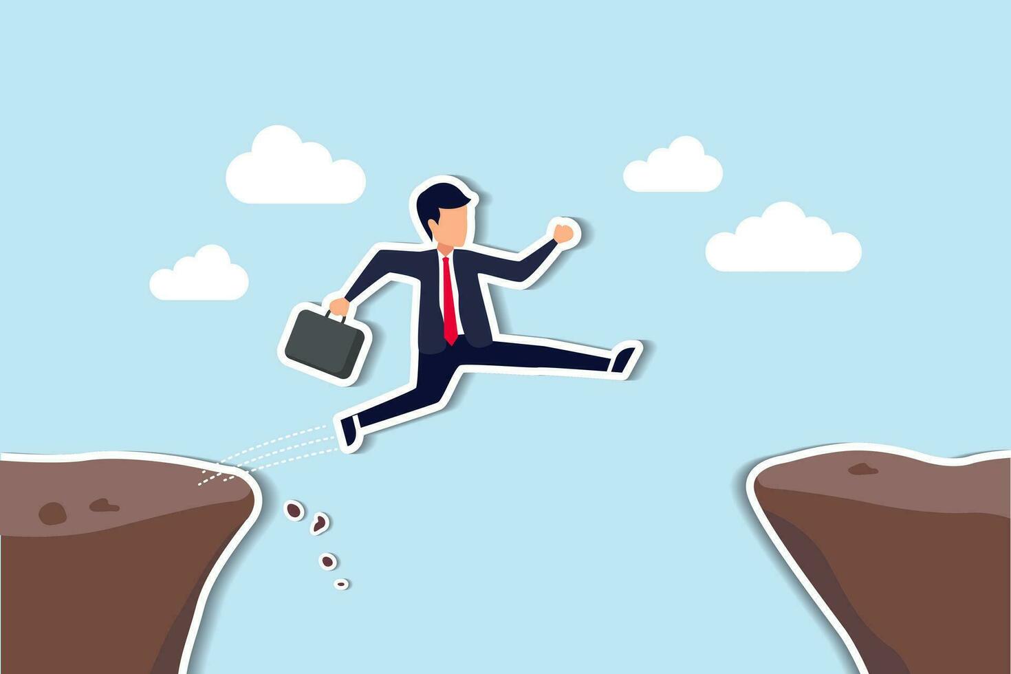 prendere rischio per opportunità per successo, rischioso decisione, determinazione o coraggio per superare sfida concetto, coraggioso uomo d'affari vincitore saltare al di sopra di il scogliera divario per raggiungere successo bandiera su altro lato. vettore