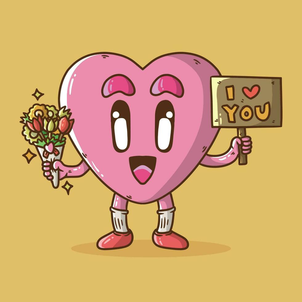 carino cartone animato vettore illustrazione di rosa cuore personaggio portare fiore mazzo. carino amore simboli portafortuna illustrazione