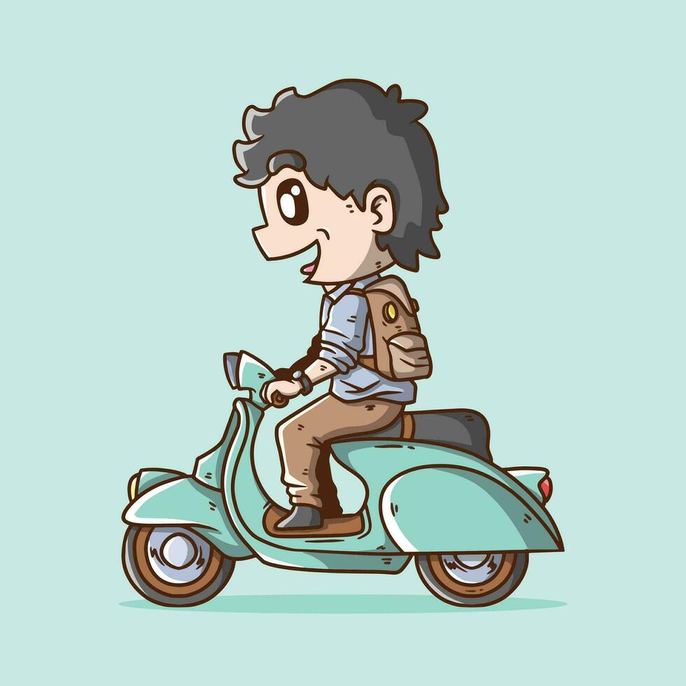carino contento ragazzo cartone animato vettore illustrazione equitazione tosca retrò Vintage ▾ classico scooter. retrò classico scooter bicicletta vettore
