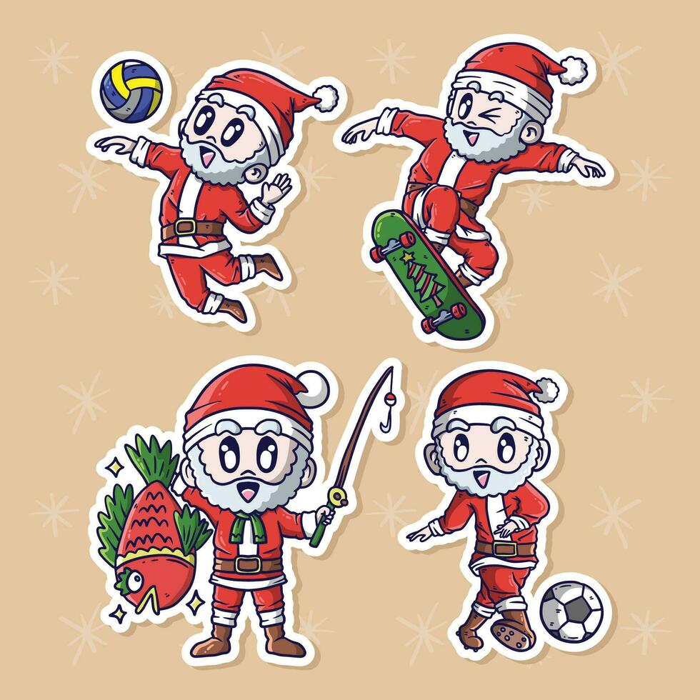 cartone animato vettore illustrazione impostato di carino Santa Claus fare gli sport. Santa Claus portafortuna illustrazione