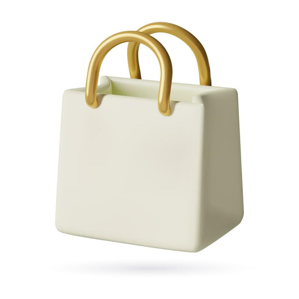 3d shopping Borsa icona realistico plastica bianca acquirente con oro maniglie isolato su bianca sfondo vettore