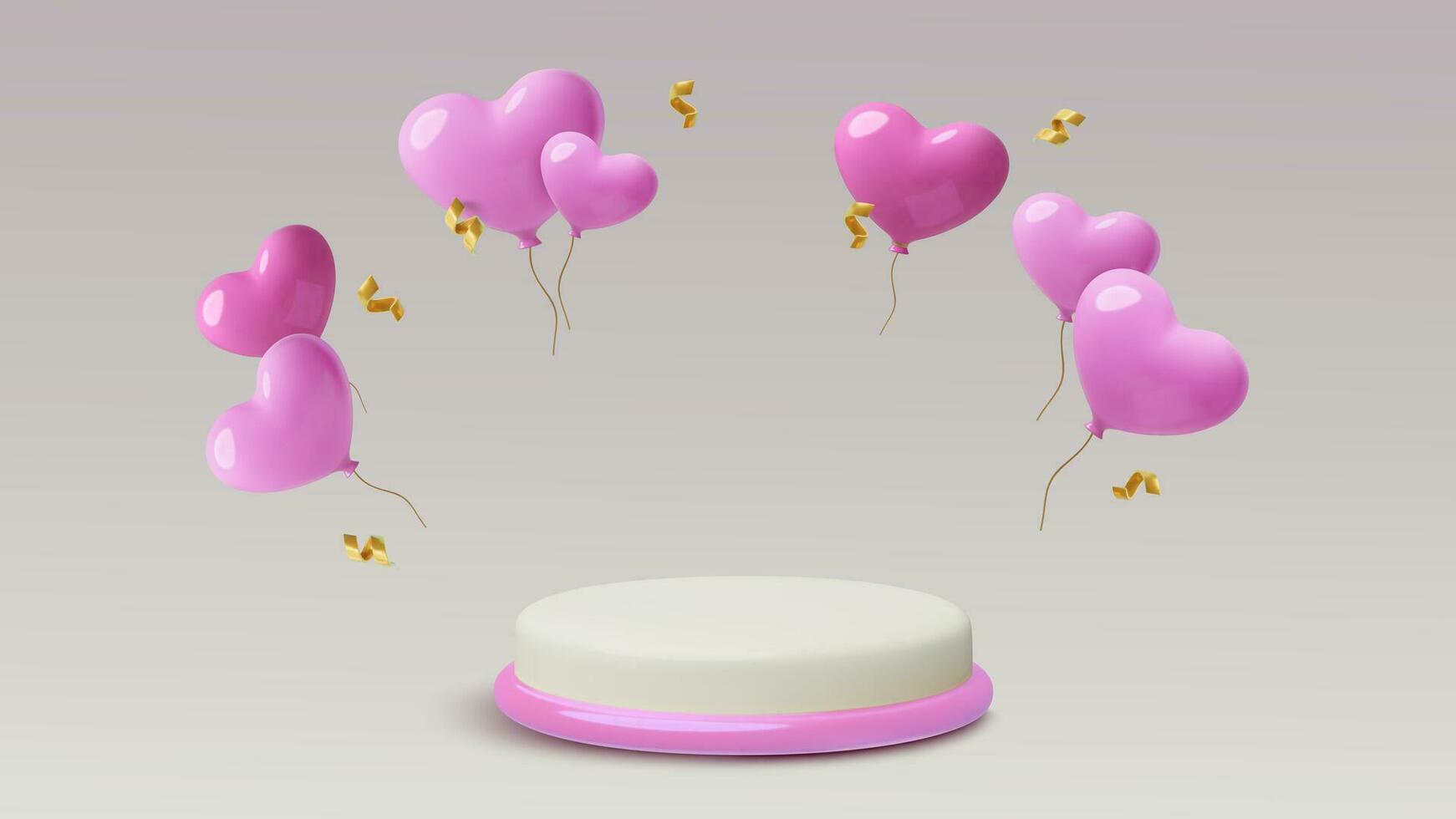 febbraio 14 podio con 3d cuore forma palloncini e oro Riccio nastri San Valentino giorno tre dimensionale Prodotto vendita vacanza sfondo. romantico pastello rosa vettore illustrazione.