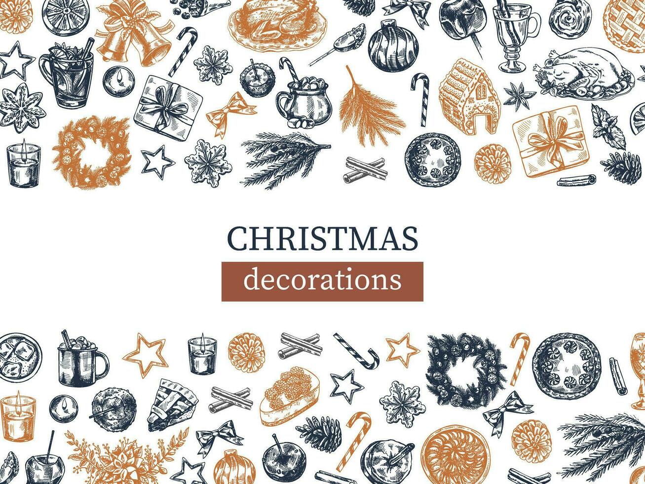 disegnato a mano Natale modello nel schizzo stile. festivo decorazione - ghirlanda, regalo, dolci, cibo, Natale albero arredamento, bevande e spezie. Vintage ▾ design con un vuoto spazio. vettore