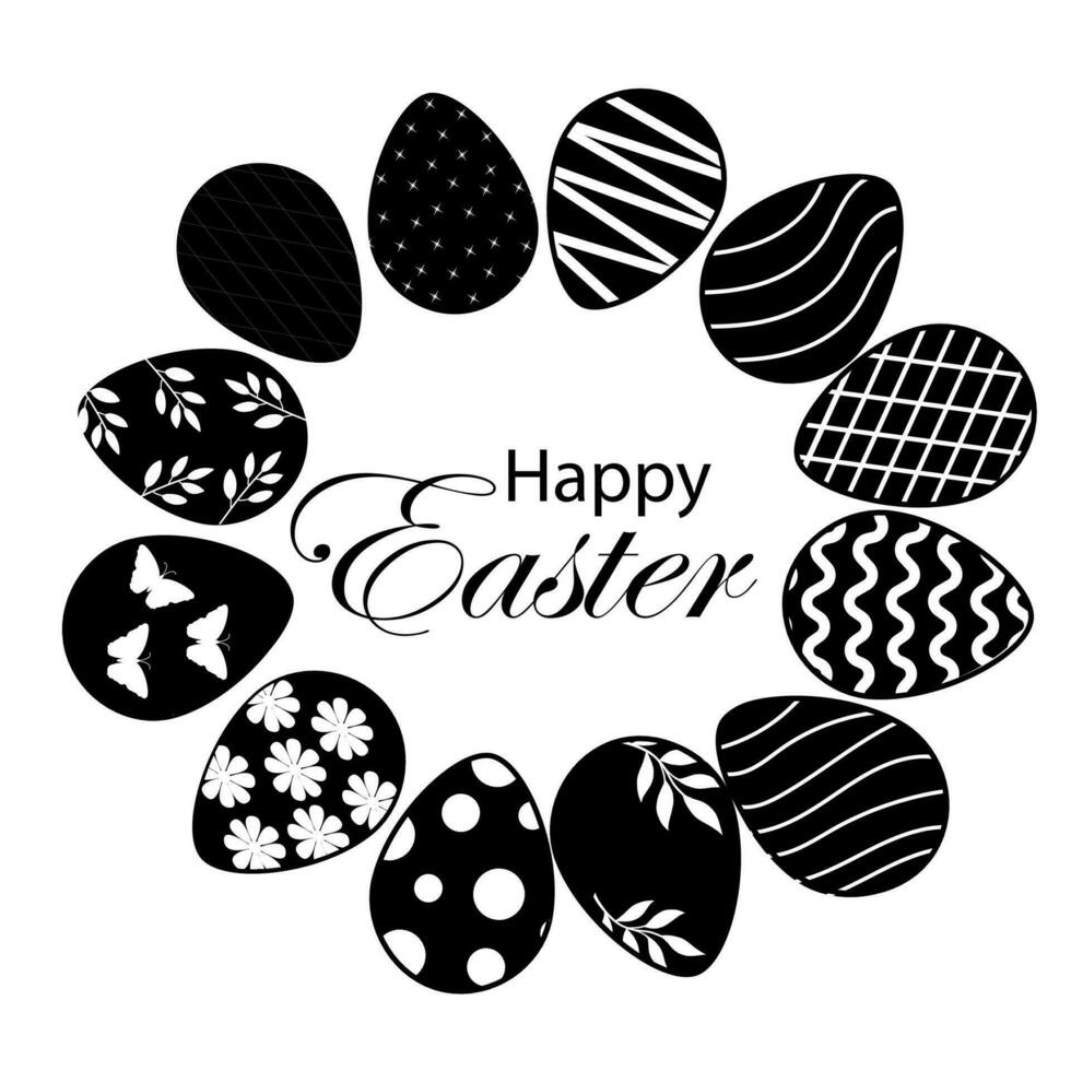 impostato di Pasqua uova nel piatto stile. nero decorato Pasqua uovo collezione isolato su bianca sfondo. carino polka punti, coniglio e floreale decorativo vettore elementi. vettore illustrazione