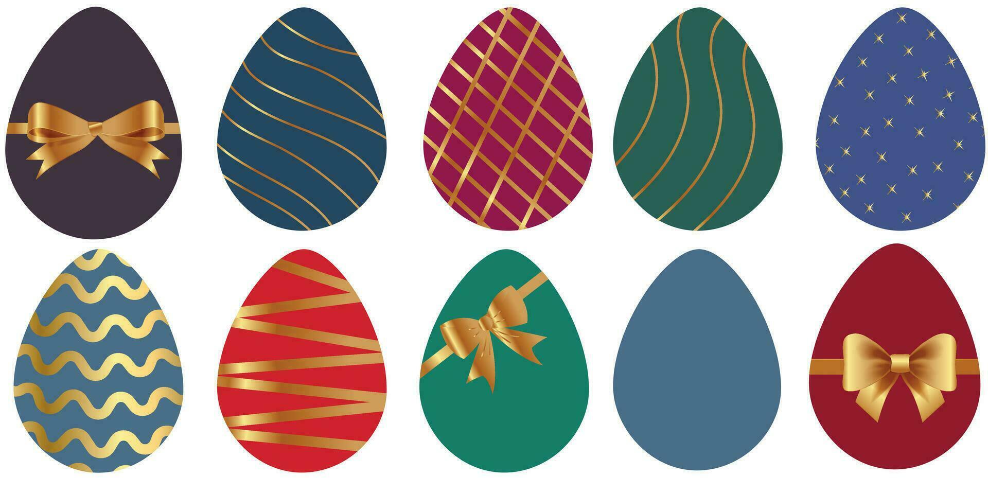 impostato di colorato piatto stile Pasqua uova con oro arredamento. lusso decorato collezione di Pasqua uova isolato su bianca sfondo. elegante oro Linee e floreale decorativo vettore elementi. vettore