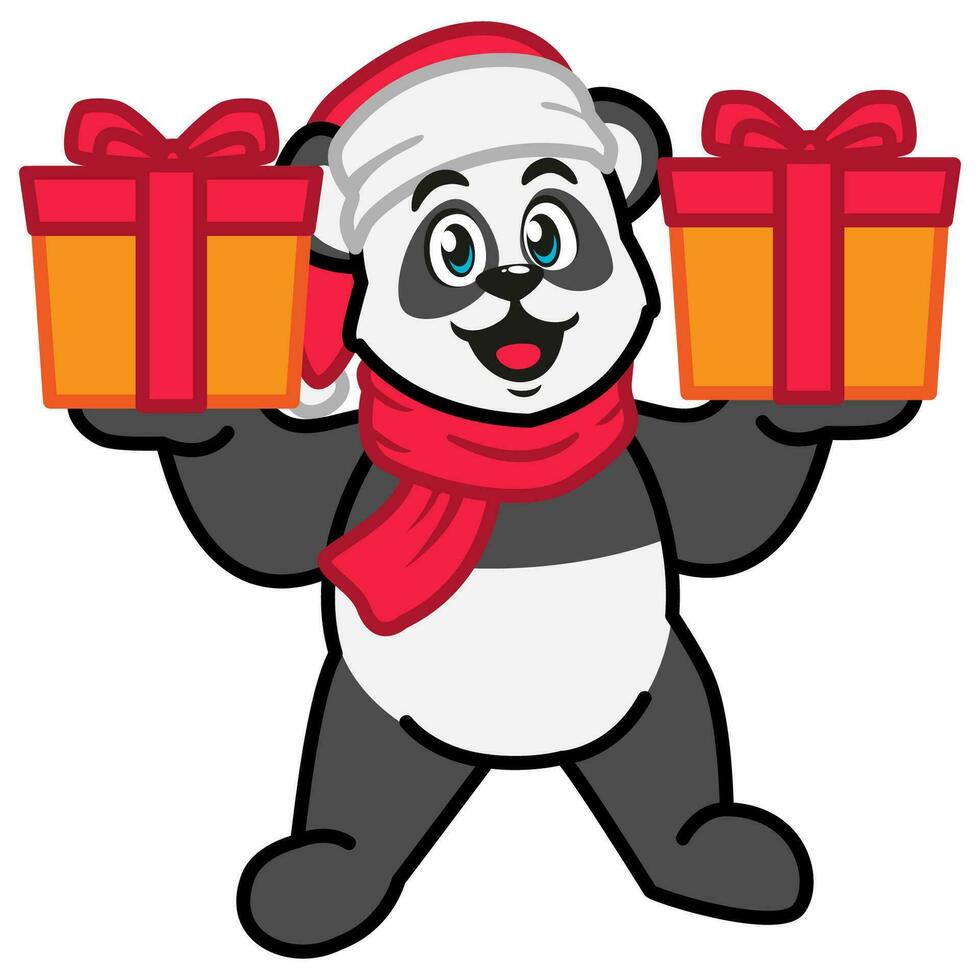 panda nel un' Santa Claus cappello e sciarpa Tenere un' regalo scatola vettore