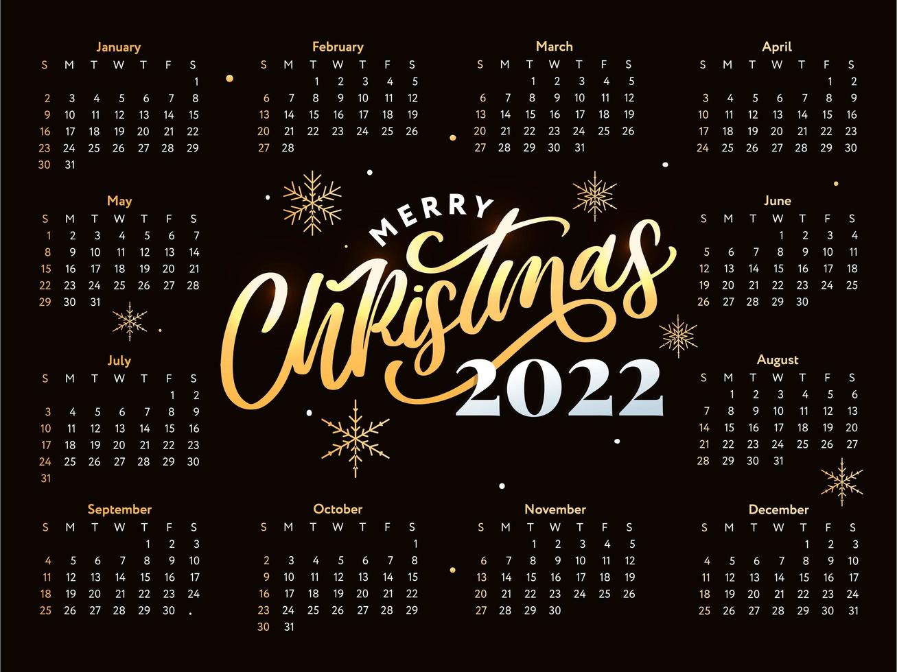 La settimana del calendario dello schizzo del capodanno dorato con scritte natalizie 2022 inizia domenica. vettore