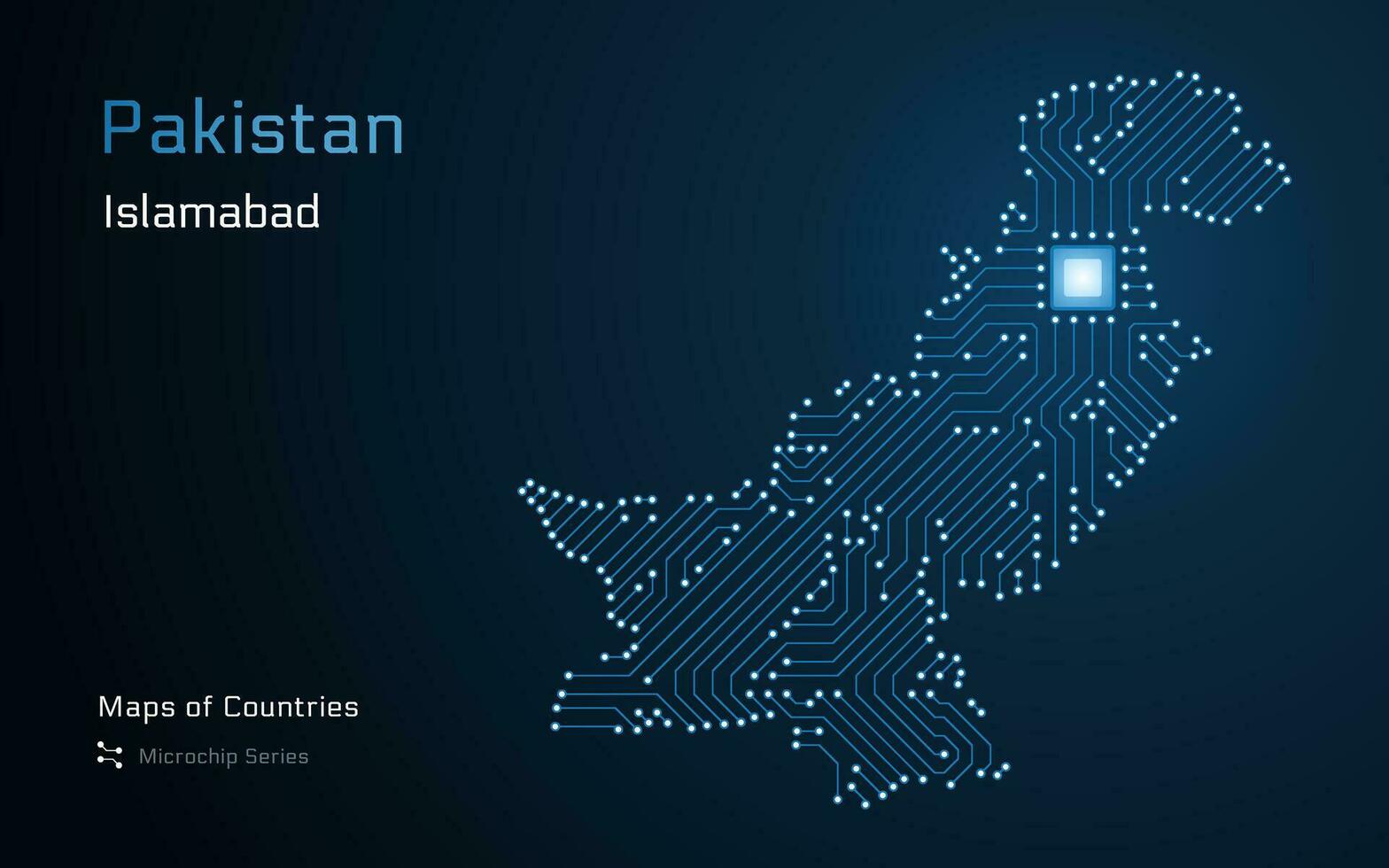 Pakistan carta geografica con un' capitale di islamabad mostrato nel un' microchip modello con processore. e-governo. mondo paesi vettore mappe.