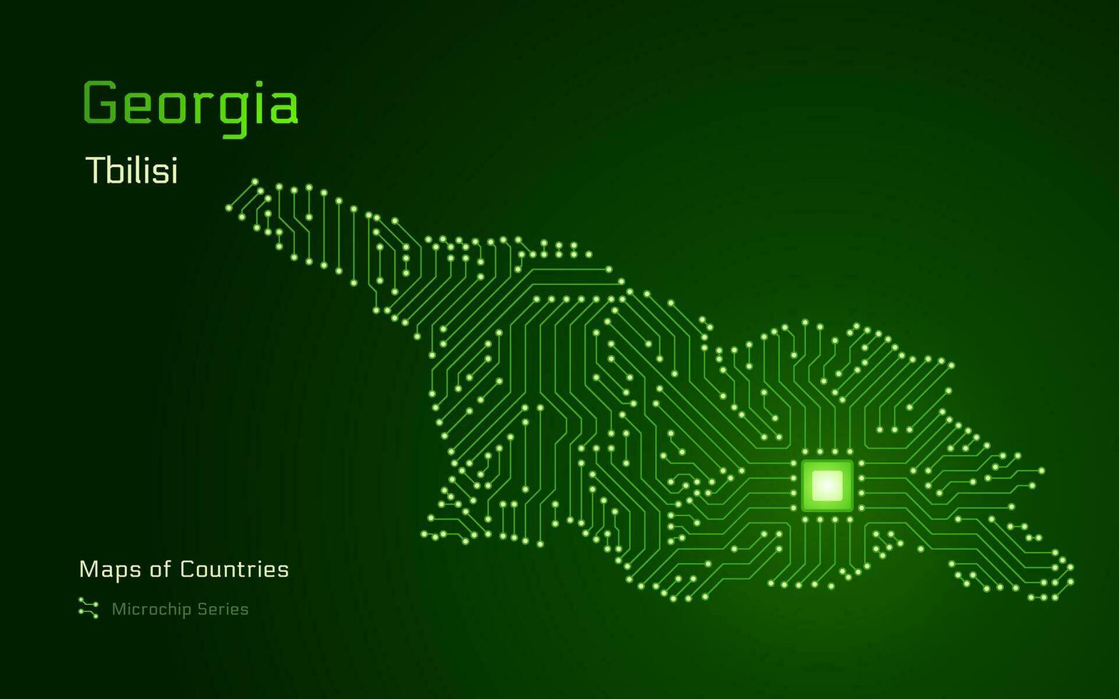 Georgia carta geografica con un' capitale di Tbilisi mostrato nel un' microchip modello con processore. e-governo. mondo paesi vettore mappe.