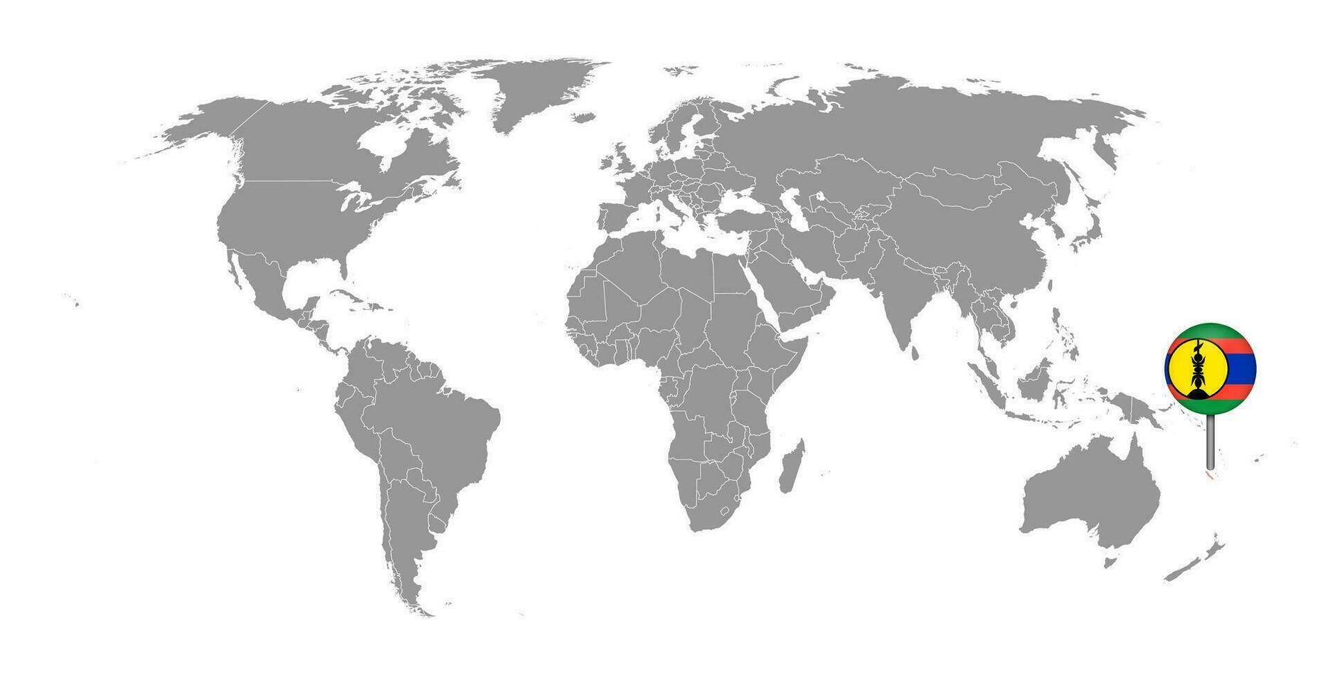 mappa pin con bandiera della nuova caledonia sulla mappa del mondo. illustrazione vettoriale. vettore