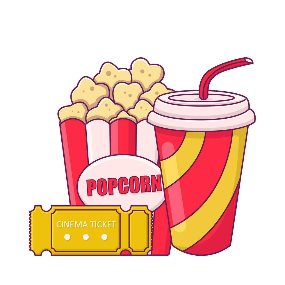 Popcorn, bevanda con biglietto cinema illustrazione vettore