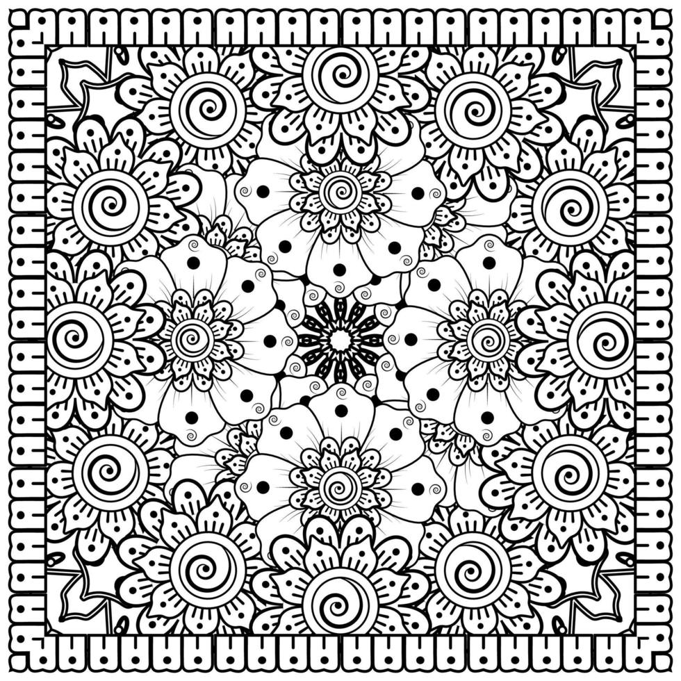 delineare il motivo floreale quadrato in stile mehndi per la pagina del libro da colorare vettore