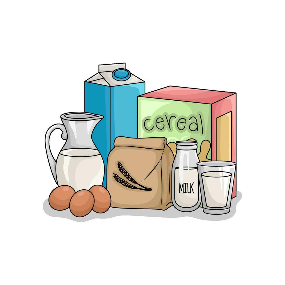 cereale scatola, latte, Grano polvere nel confezione con uovo illustrazione vettore