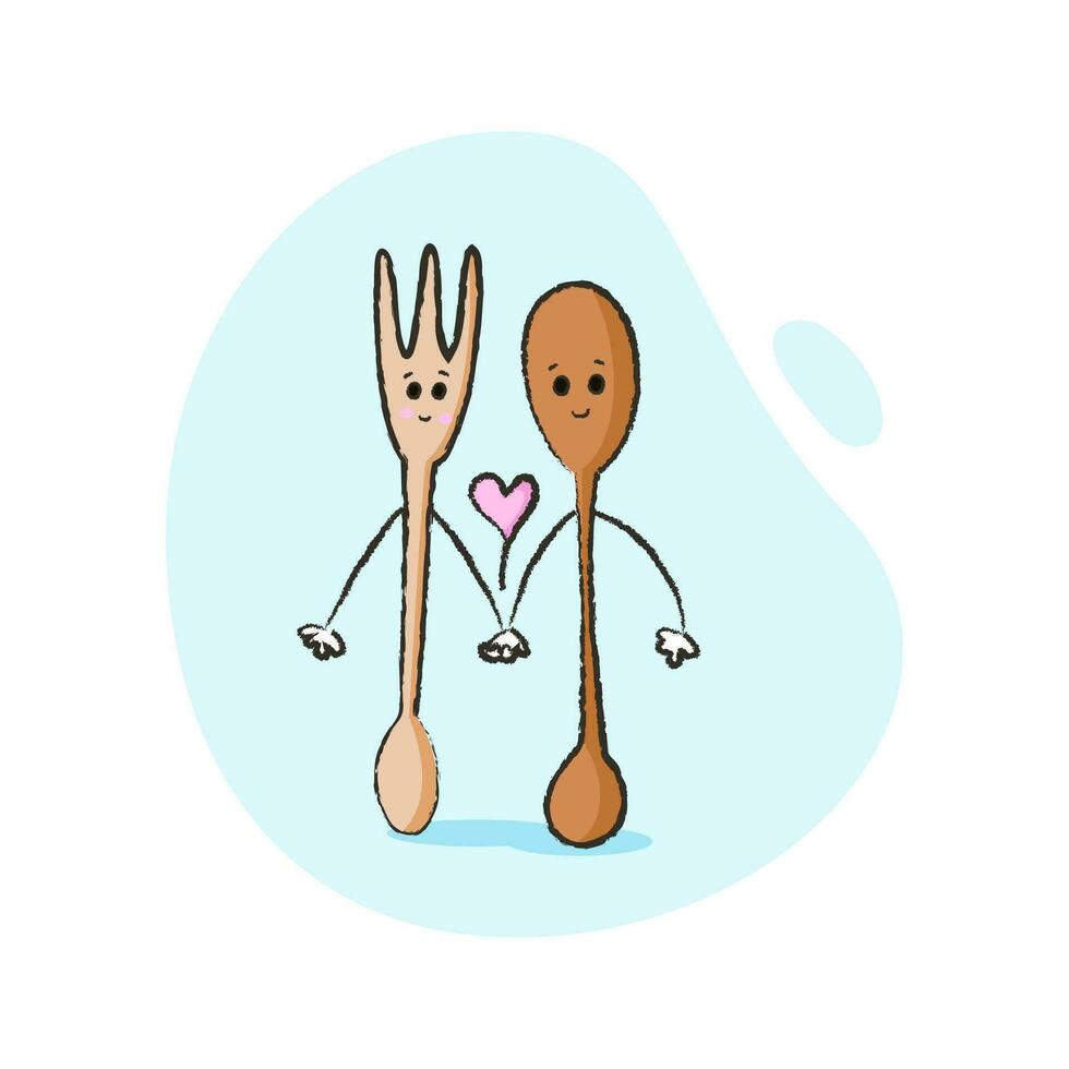 carino personaggi di forchetta e cucchiaio chi Tenere mani per San Valentino giorno e di più. migliore per cartolina, adesivi e Di Più disegni vettore