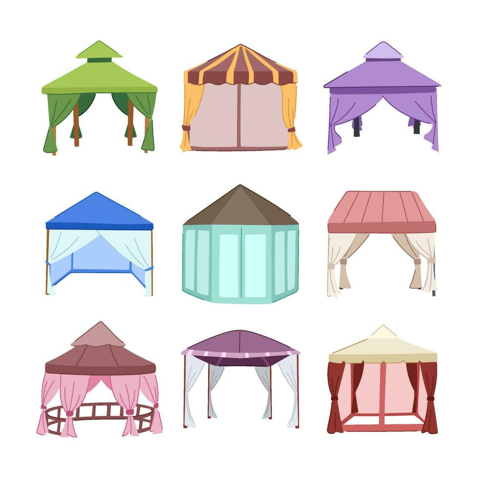 tenda giardino impostato cartone animato vettore illustrazione