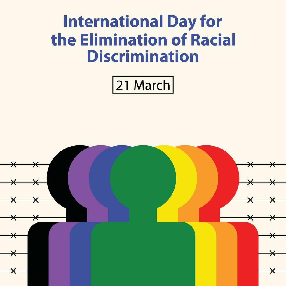illustrazione vettore grafico di sei diverso colorato sagome di persone nel davanti di un' spinato recinzione, Perfetto per internazionale giorno, il eliminazione, razziale discriminazione, celebrare, saluto carta.