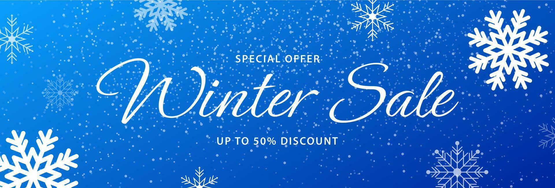 inverno vendita striscione. blu sfondo con i fiocchi di neve per shopping saldi, speciale offerta. promo striscione, shopping sito web modello. vettore illustrazione