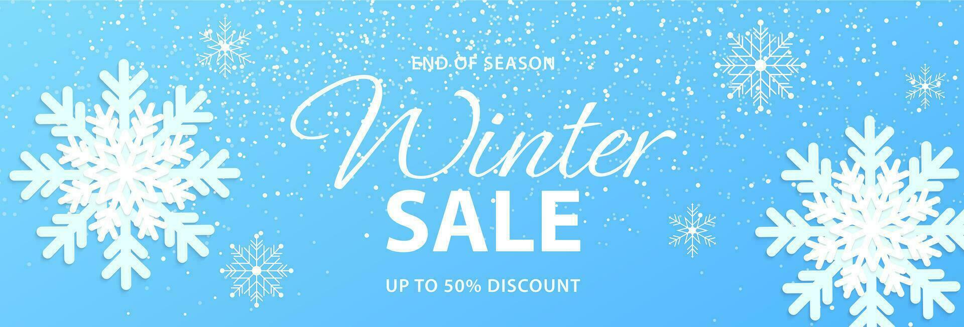 inverno vendita striscione. blu sfondo con i fiocchi di neve per shopping saldi, speciale offerta. promo striscione, shopping sito web modello. vettore illustrazione