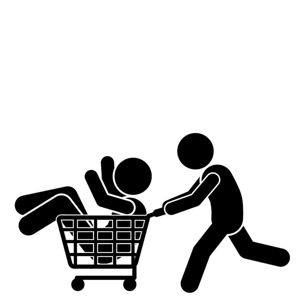vettore illustrazione di bastone figura shopping e seduta nel un' shopping carrello