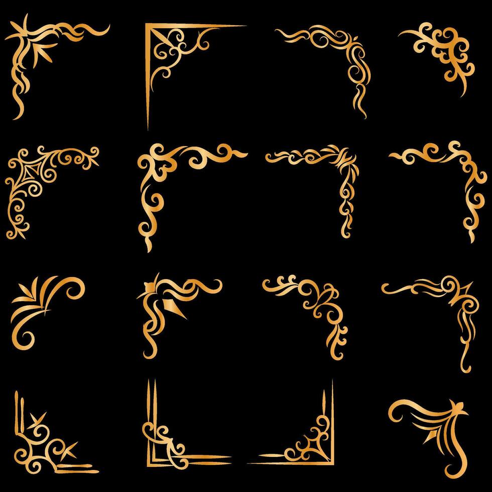 oro vettore illustrazione di decorativo angolo telaio impostare. mano disegnare di angoli diverso forme d'oro angolo telaio Vintage ▾ telaio decorazione, oro floreale ornamenti.