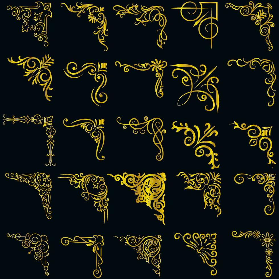 oro vettore illustrazione di decorativo angolo telaio impostare. mano disegnare di angoli diverso forme d'oro angolo telaio Vintage ▾ telaio decorazione, oro floreale ornamenti.