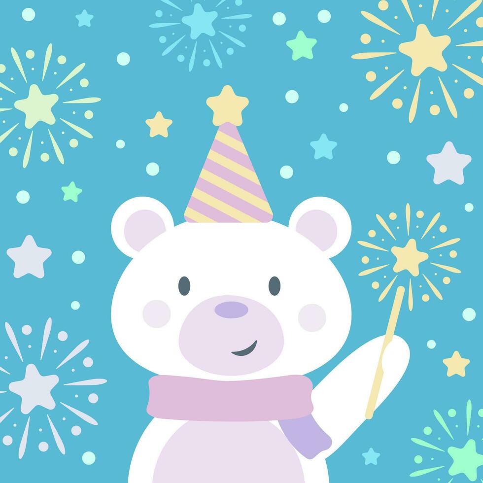 carino polare orso con un' sparkler e fuochi d'artificio, nuovo anno clip arte piatto illustrazione, festivo decorazione o saluti carta sfondo design vettore