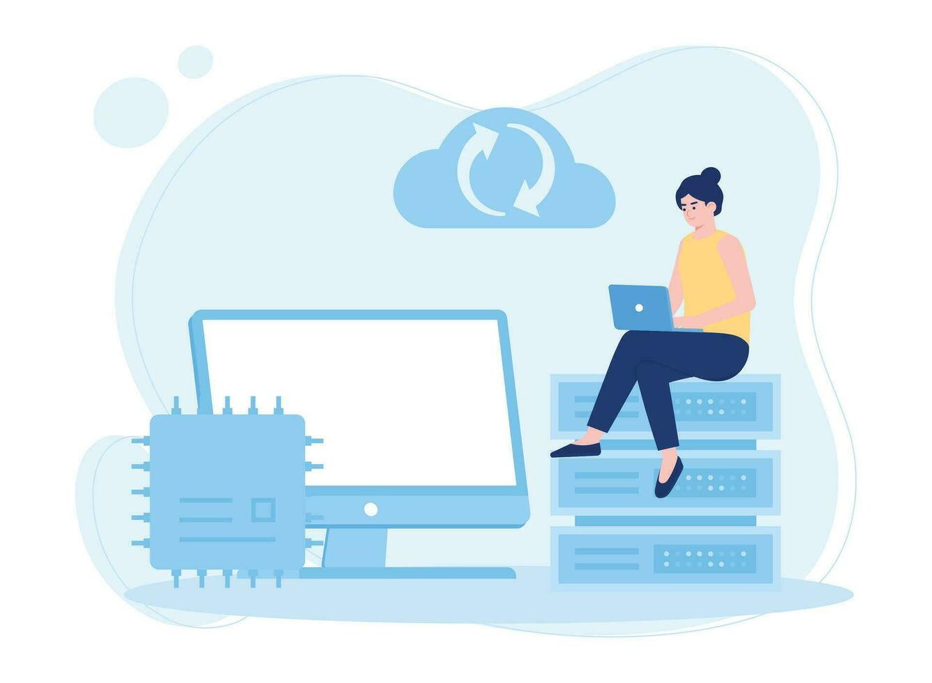 donna con il computer portatile è sostegno su nube Banca dati concetto piatto illustrazione vettore