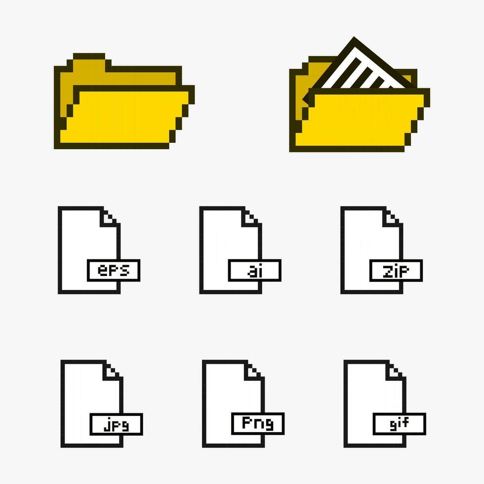 cartella e file icona pixel arte, impostato di pixel icona file cartelle ragnatela 8 bit stile. vettore