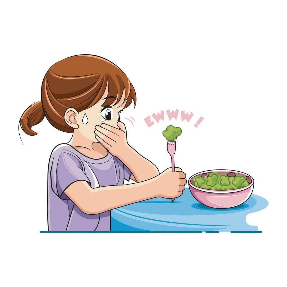 salutare cibo. carino poco ragazza copertura bocca e rifiuto per mangiare verdure. vettore illustrazione