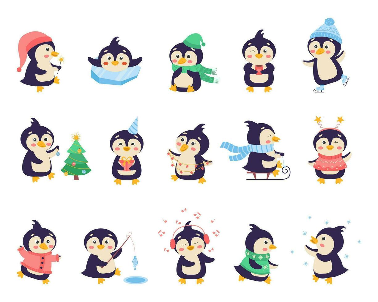 carino cartone animato pinguini. pinguino nel inverno. contento pinguini celebrare il nuovo anno. vettore illustrazione.