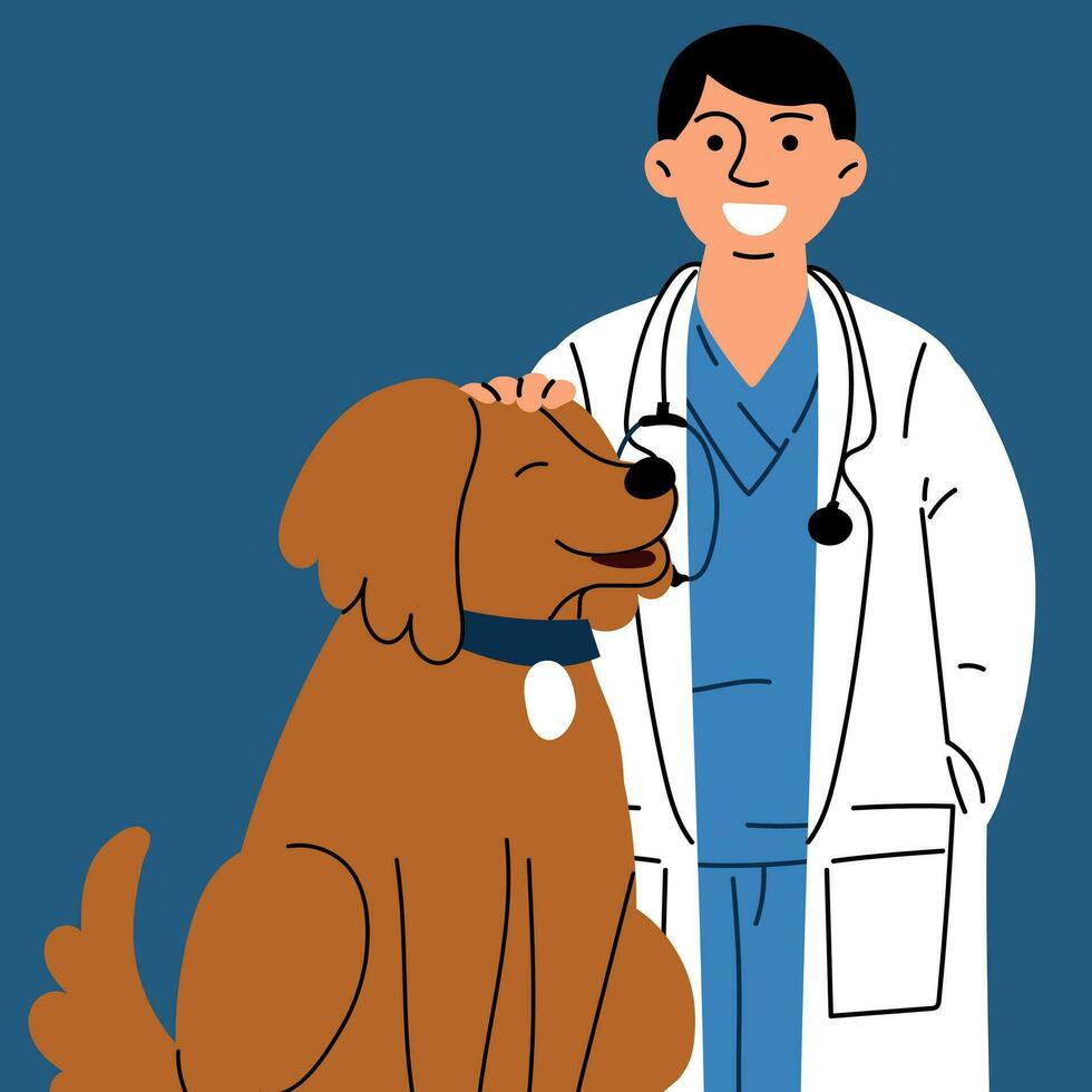 un' contento maschio veterinario è petting un' cane. vettore illustrazione di animale cura. piatto stile. un' medico nel un' uniforme e un' medico cappotto con un' cane su un' blu sfondo. internazionale del veterinario giorno