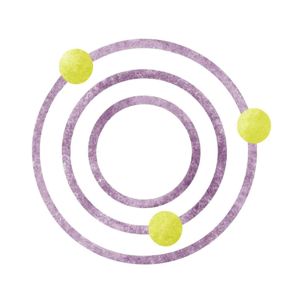 scienza e tecnologia concetto. giallo atomico neutrone con viola cerchio isolato su bianca sfondo. orbita rotazione e protone nucleo. acqua colore vettore illustrazione.