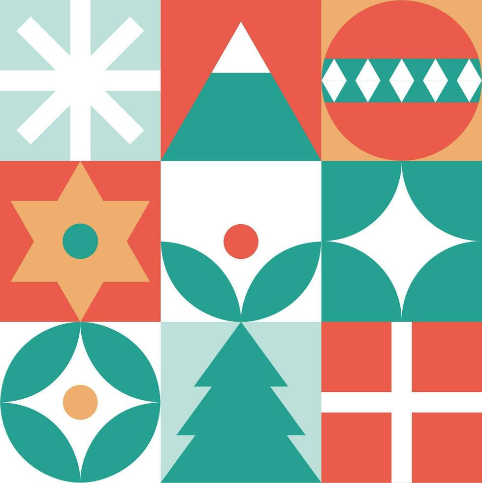in stile Bauhaus Natale modello - di moda colorato mosaico struttura. geometrico senza soluzione di continuità modello con inverno elementi. Natale decorazione nel scandinavo stile. nuovo anno struttura. vettore
