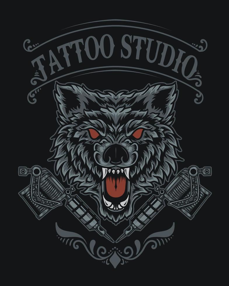 illustrazione logo lupo tattoo studio vettore