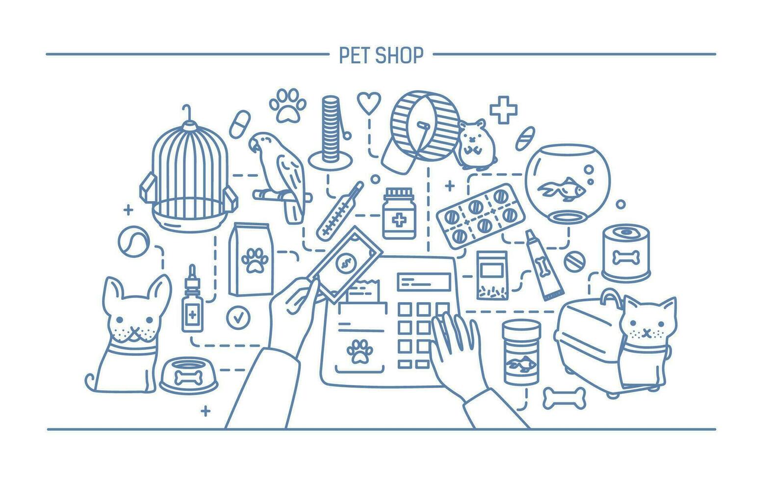 animale domestico negozio contorno bandiera con animali e meds vendita. orizzontale contorno linea arte vettore illustrazione.