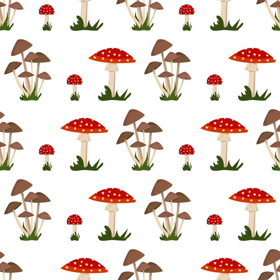 modello senza cuciture con fungo amanita con cappello rosso e punto bianco, fungo velenoso ed erba. stampa luminosa di agarico di mosca vettore