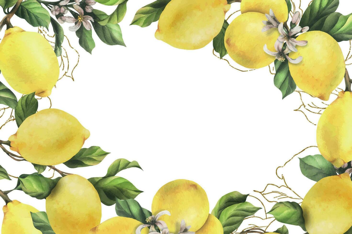 limoni siamo giallo, succoso, maturo con verde foglie, fiore mini cuffie su il rami, totale e fette. acquerello, mano disegnato botanico illustrazione. telaio, modello su un' bianca sfondo. vettore eps