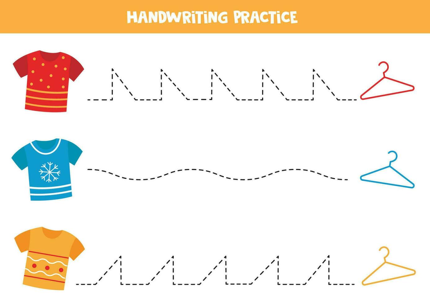 tracciato Linee per bambini. carino colorato t camicie e grucce. grafia la pratica. vettore