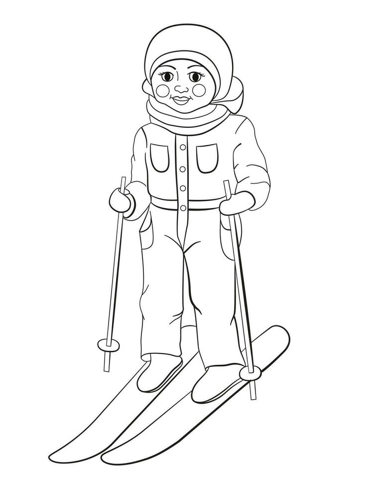 colorazione pagina. colorazione immagine di cartone animato sciatore, ragazzo sciare. infantile design per bambini attività colorazione libro di inverno sport. vettore