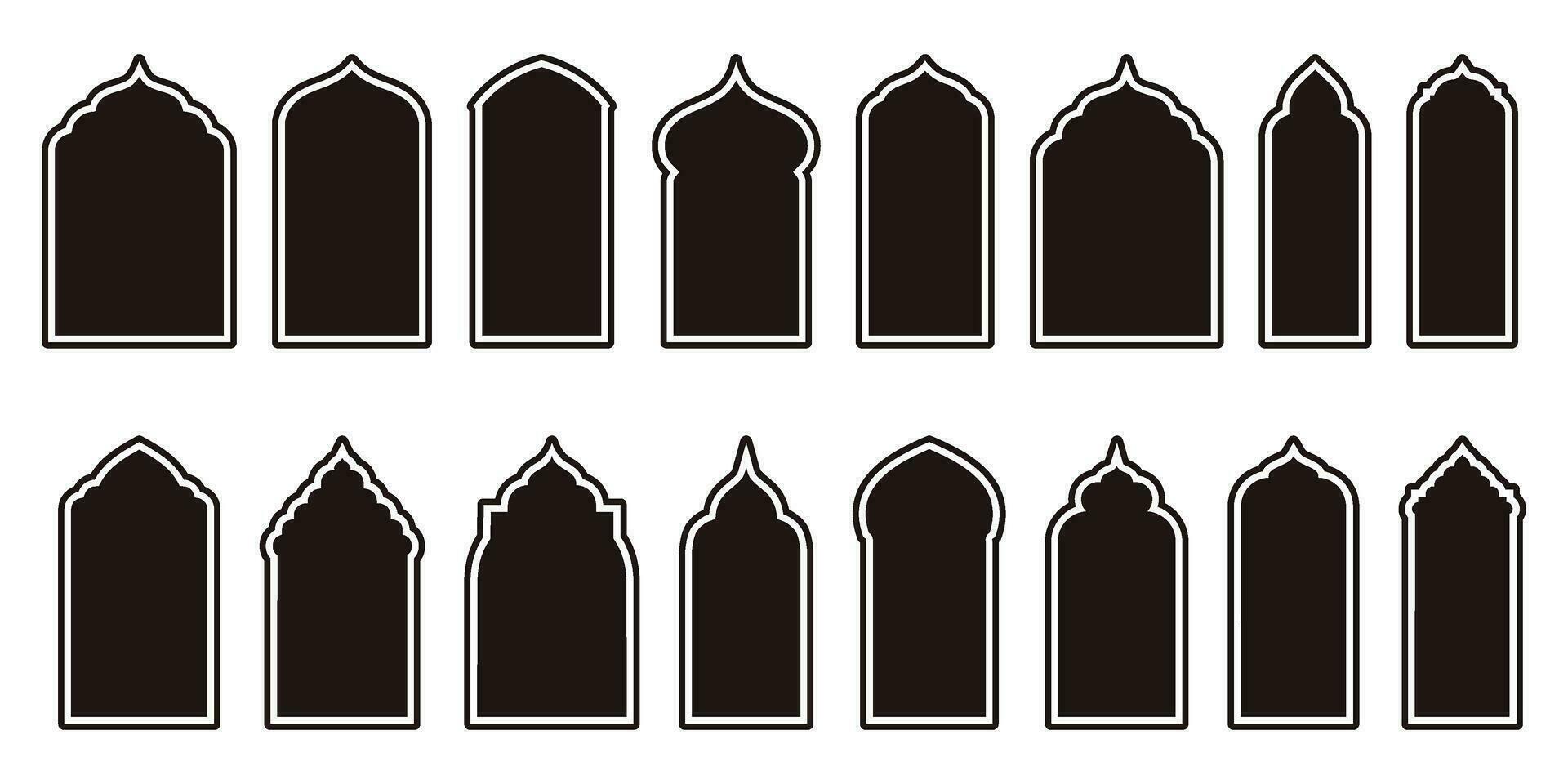 versatile islamico vettore forme evidenziazione finestra e porta archi. arabo montatura impostato con Ramadan kareem silhouette icone. elegante moschea cancello disegni.