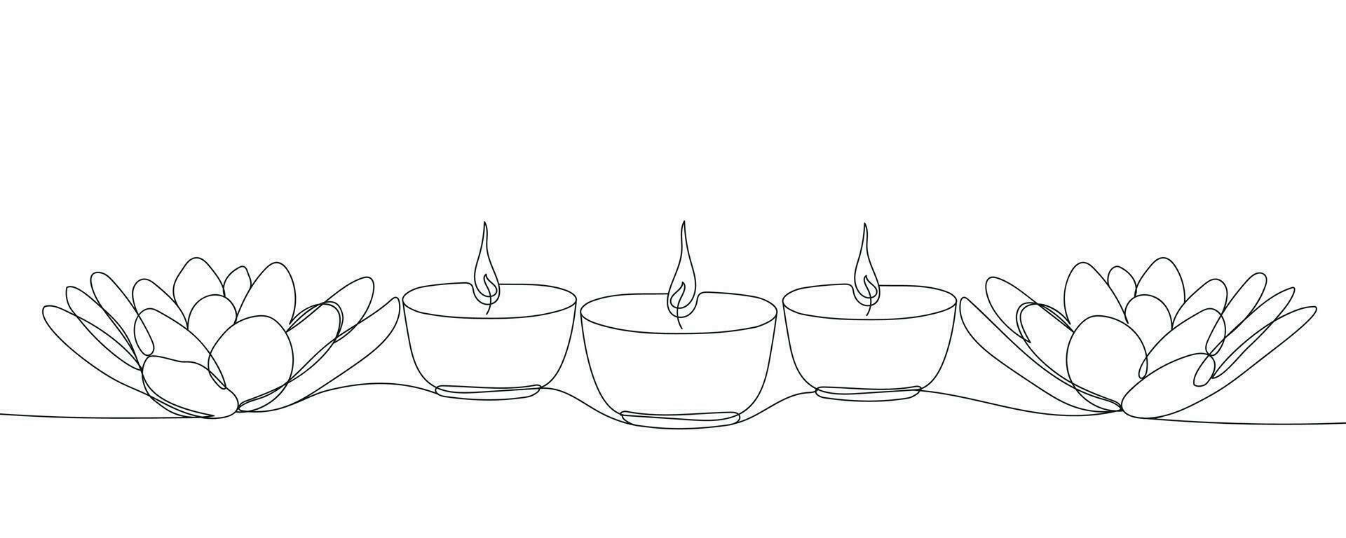 tre candele e fiori di loto contorno disegno striscione. vettore continuo uno linea disegno olio lampade per Diwali Festival nel silhouette isolato su un' bianca sfondo. Diwali schema illustrazione