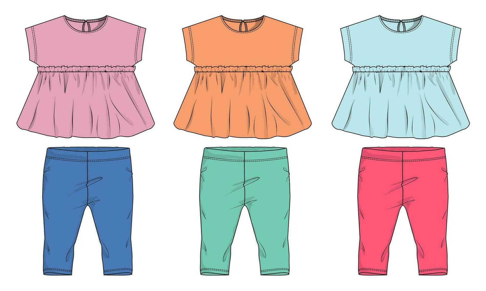 Multi colore bambino ragazze cime camicetta vestito e pantaloni tecnico disegno moda piatto schizzo vettore illustrazione modello