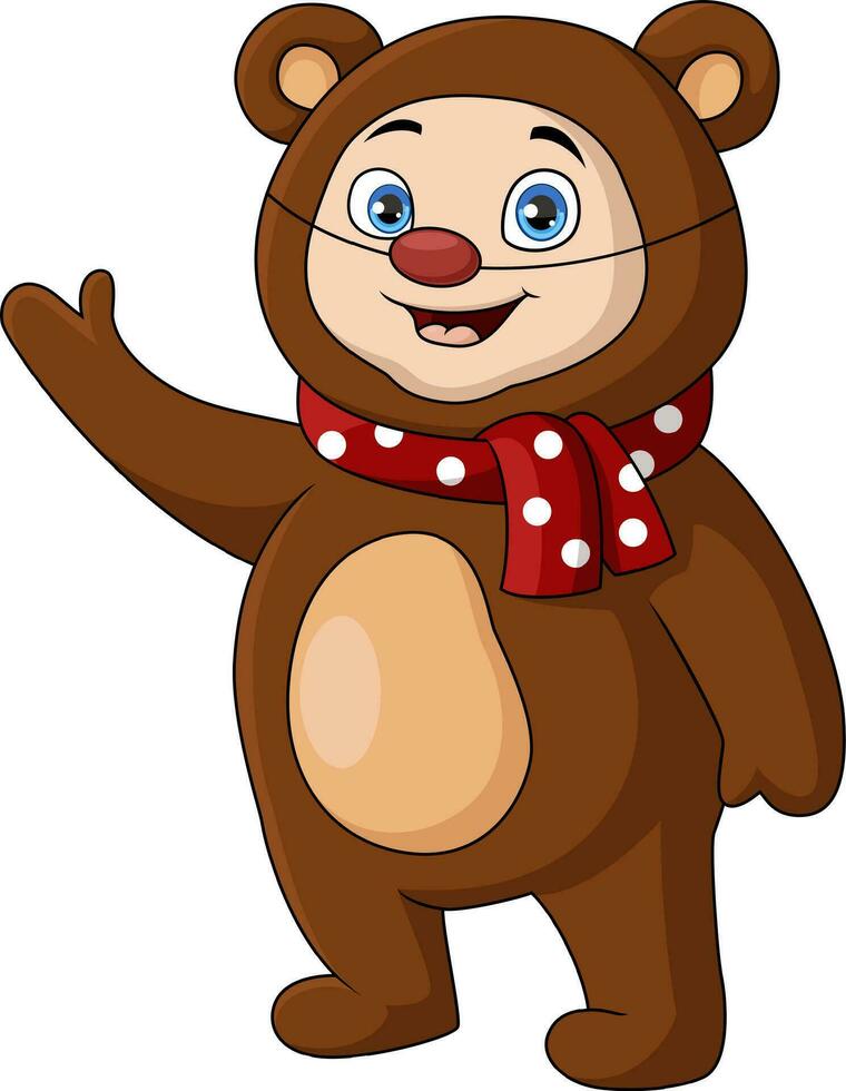 carino poco ragazzo cartone animato indossare orso costume vettore