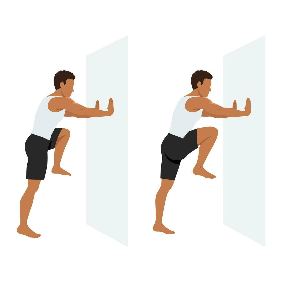 uomo fare alto ginocchio su il parete o contro il parete esercizio. vettore