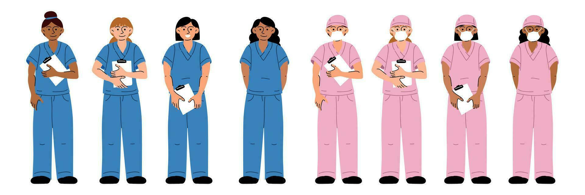 impostato di medico lavoratori nel blu e rosa uniformi, con documenti, e indossare un' medico maschera. collezione di vario infermieri nel uniforme, con e senza documenti nel pieno altezza è evidenziato vettore