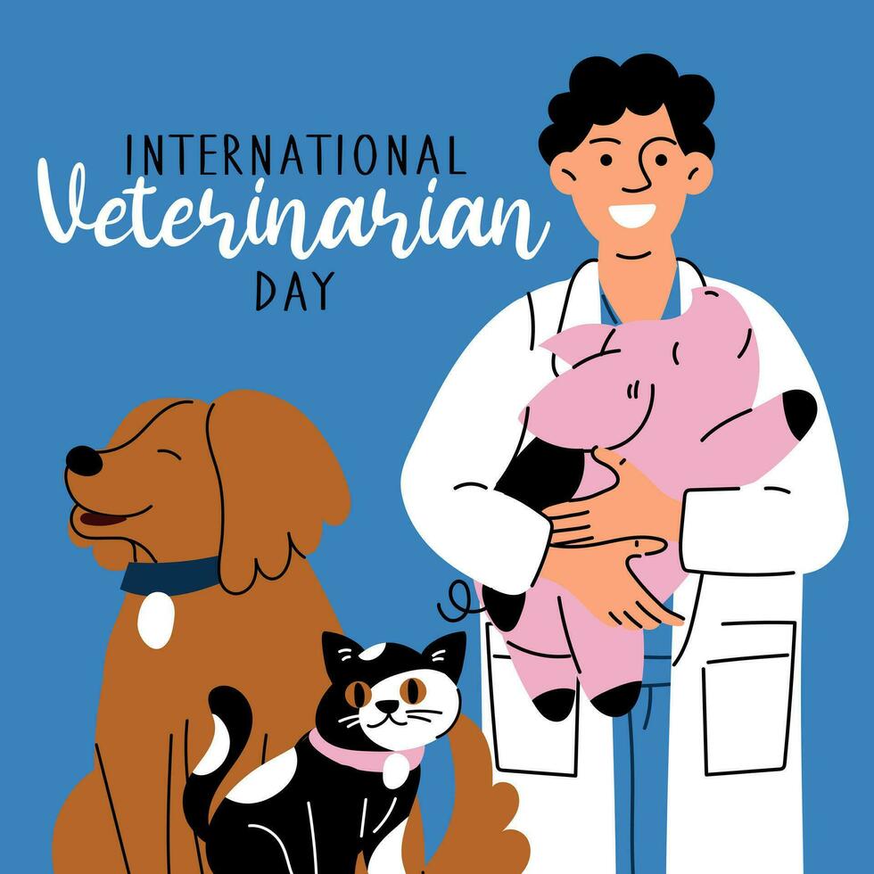 internazionale del veterinario giorno, vettore arte illustrazione. il medico è un' uomo nel un' medico toga Tenere un' maiale, un' gatto, un' cane. animale domestico cura. un iscrizione, un' bandiera per il vacanza. diversità di personale