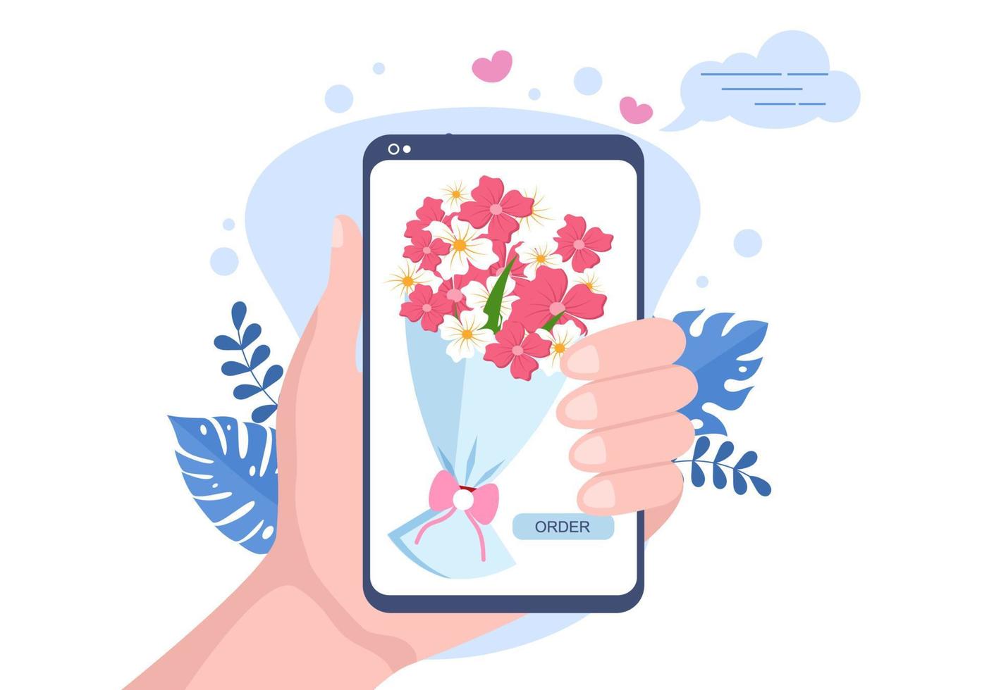 servizio di consegna di fiori attività online con corriere in possesso di un bouquet di fiori utilizzando camion, auto o moto. illustrazione vettoriale di sfondo