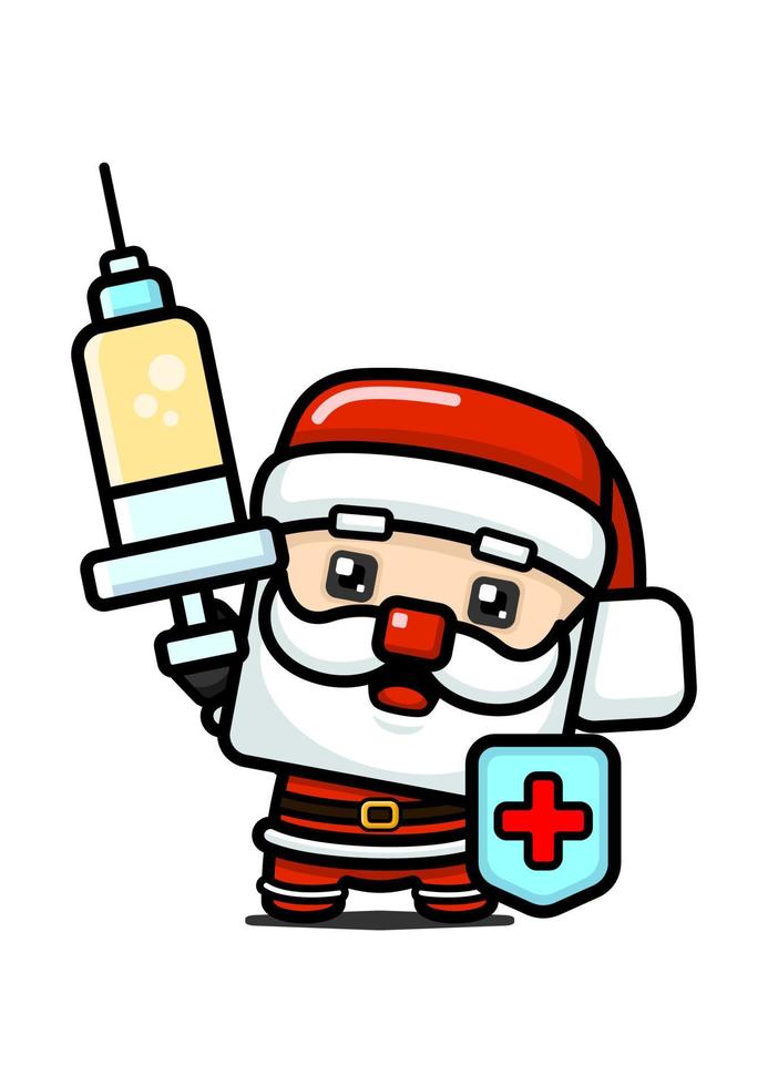 Babbo Natale carino in stile cubo che tiene in mano una siringa e uno scudo vettore